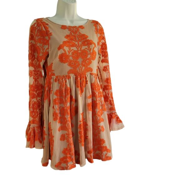 FOR LOVE & LEMONS Temecula Orange Dress Embroidered Lace Nude Size XS Boho Chic - Picture 4 of 11